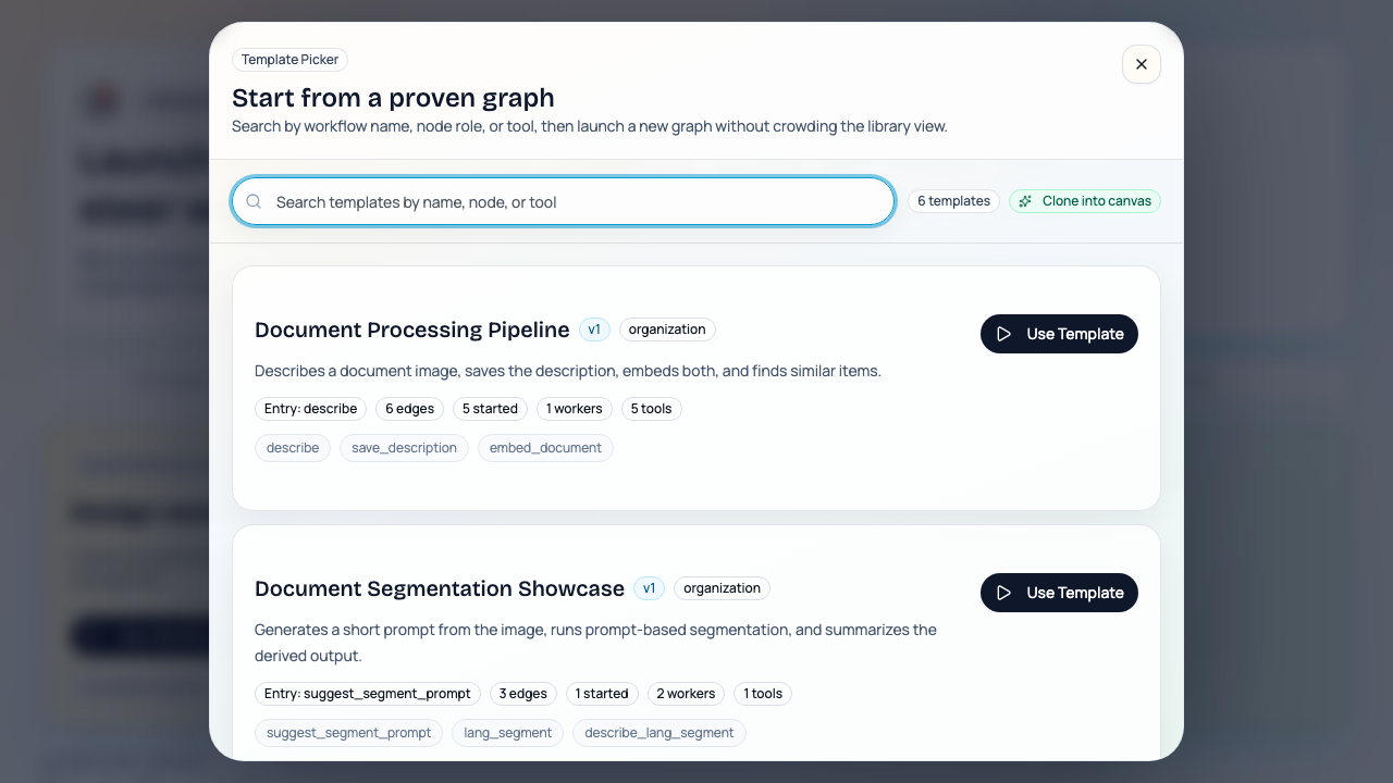 Template picker for starting a new graph from a workflow template