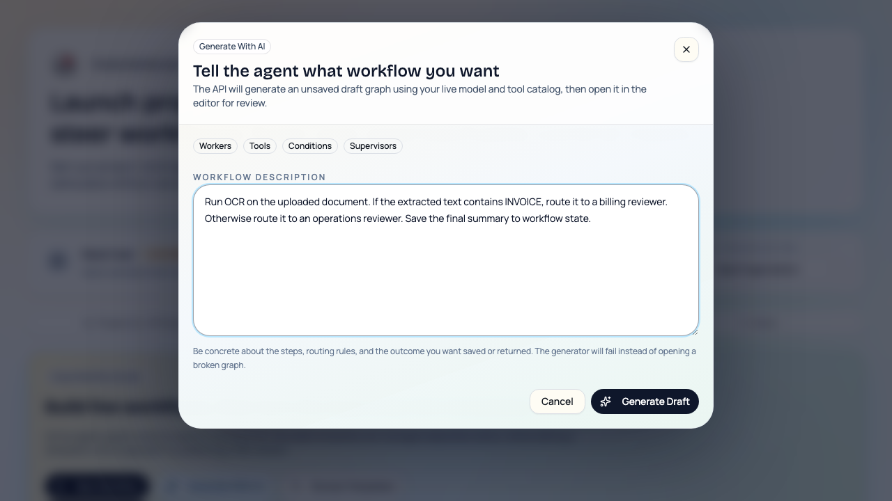 AI workflow draft generation dialog with a natural-language brief